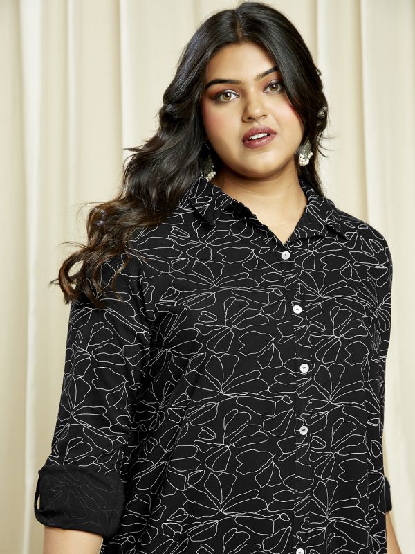 Globus Gloplus Women Black Collared Neck Roll-Up Sleeves Floral Print Front & Side Slits Plus Size Midi Shirt Dress