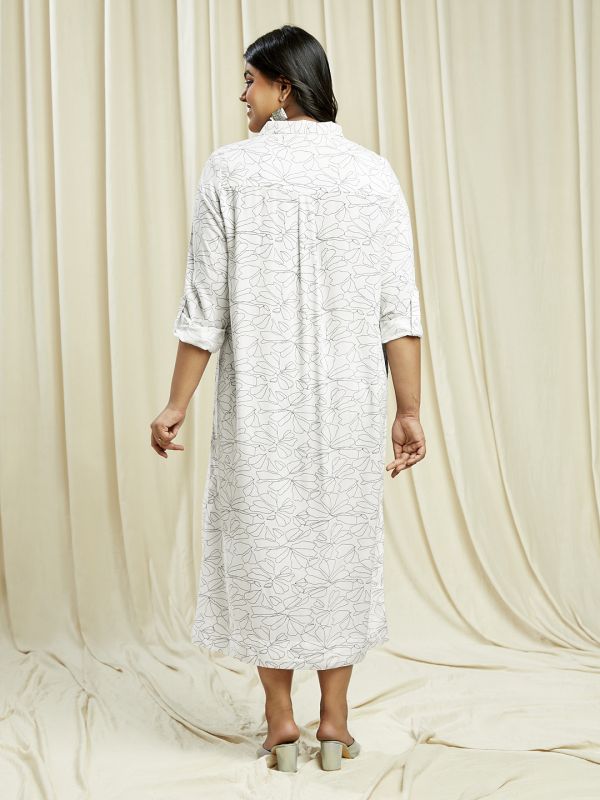 Globus Gloplus Women White Collared Neck Roll-Up Sleeves Floral Print Front & Side Slits Plus Size Midi Shirt Dress