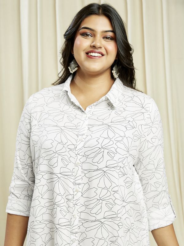 Globus Gloplus Women White Collared Neck Roll-Up Sleeves Floral Print Front & Side Slits Plus Size Midi Shirt Dress