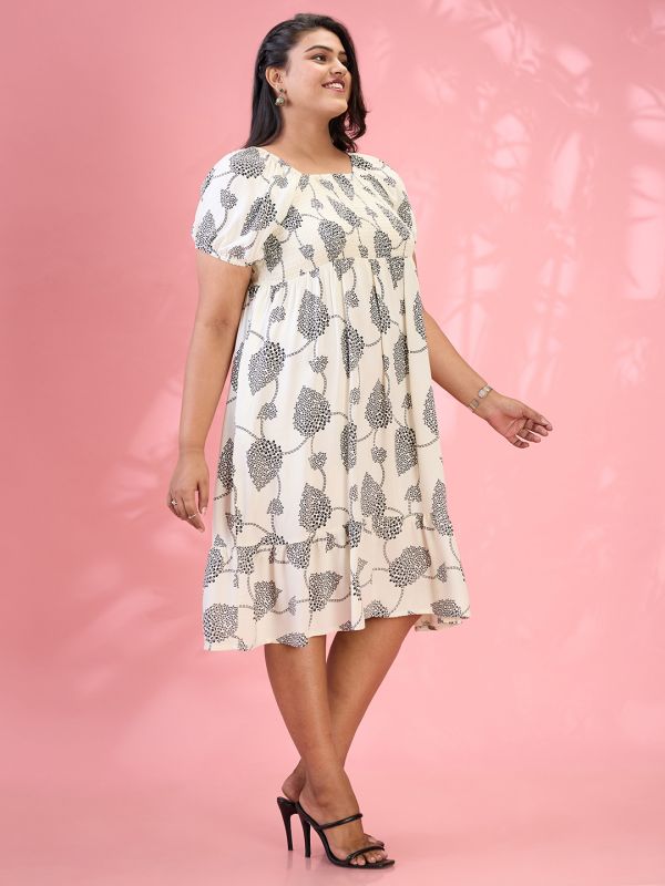 Globus Gloplus Women White Square Neck Puff Sleeves Floral Print Smocked Tiered Plus Size Fit & Flare Midi Dress