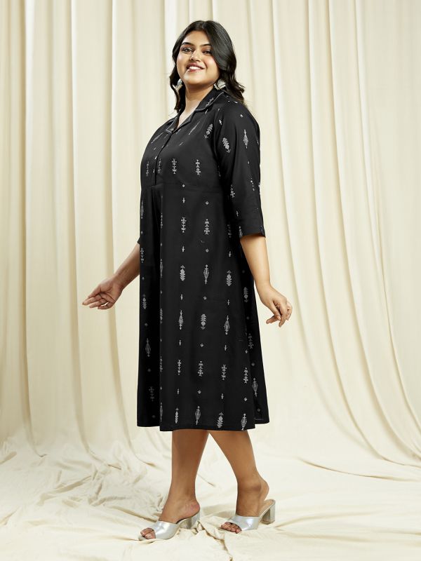 Globus Gloplus Women Black Notch Lapel Ethnic Print Button Down Plus Size A-Line Midi Dress