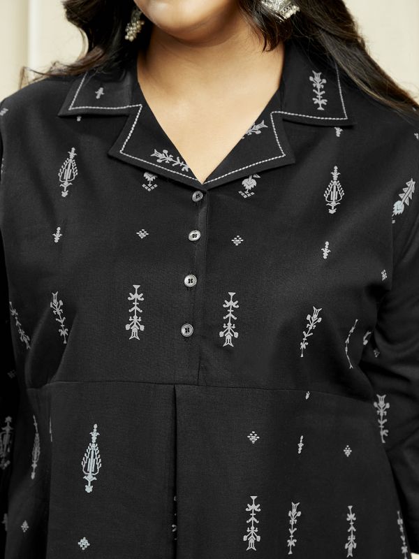 Globus Gloplus Women Black Notch Lapel Ethnic Print Button Down Plus Size A-Line Midi Dress