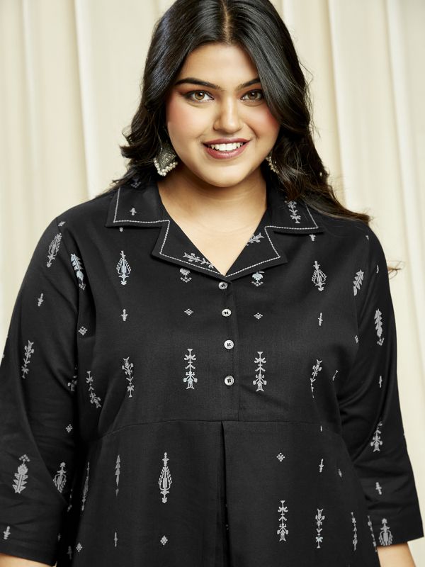 Globus Gloplus Women Black Notch Lapel Ethnic Print Button Down Plus Size A-Line Midi Dress