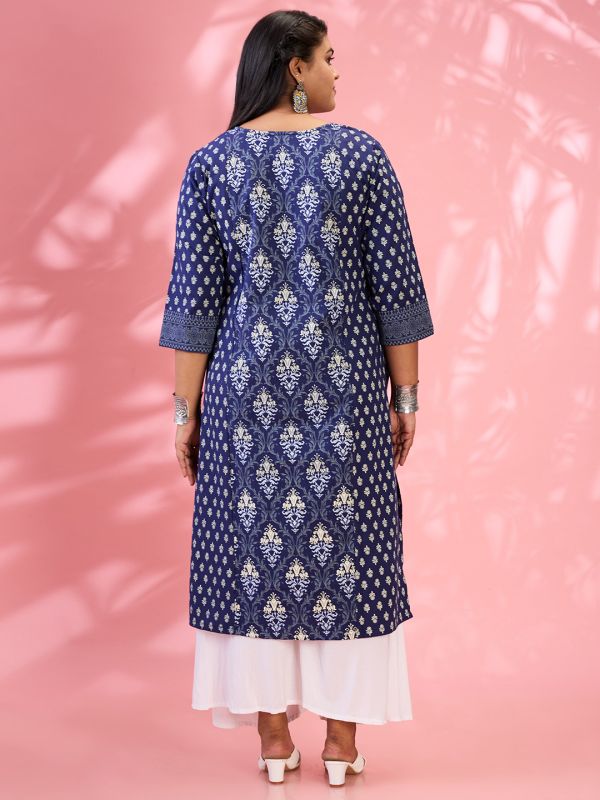 Globus Gloplus Women Blue Round Neck Ethnic & Floral Print Panelled Straight Plus Size Kurta