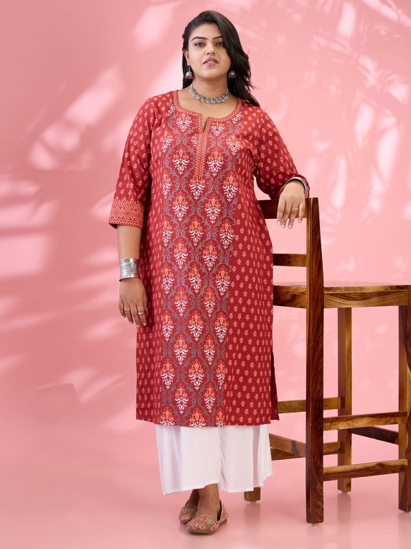 Globus Gloplus Women Maroon Round Neck Ethnic & Floral Print Panelled Straight Plus Size Kurta