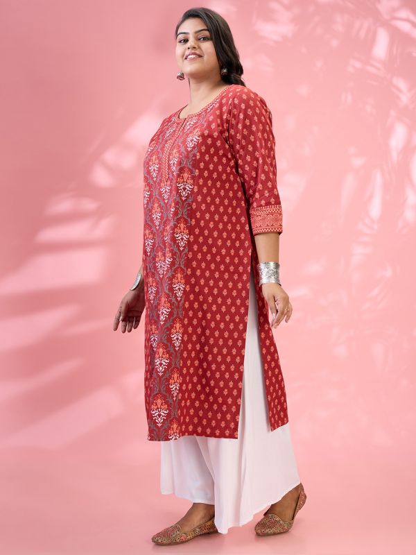 Globus Gloplus Women Maroon Round Neck Ethnic & Floral Print Panelled Straight Plus Size Kurta