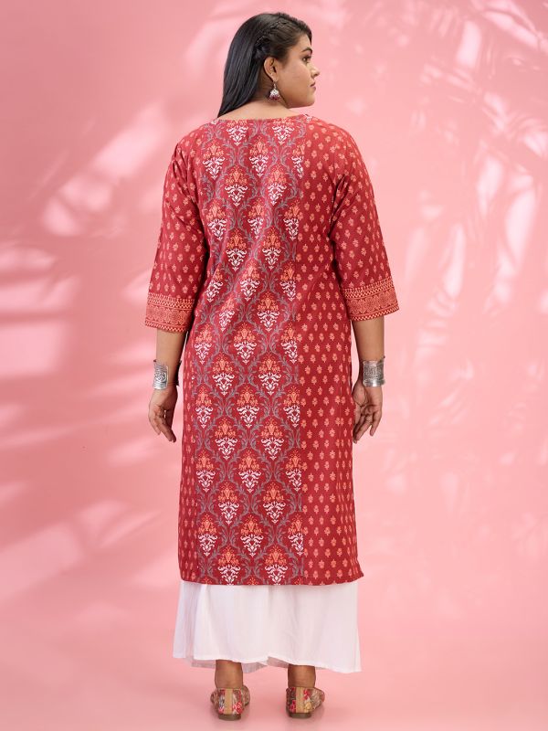 Globus Gloplus Women Maroon Round Neck Ethnic & Floral Print Panelled Straight Plus Size Kurta