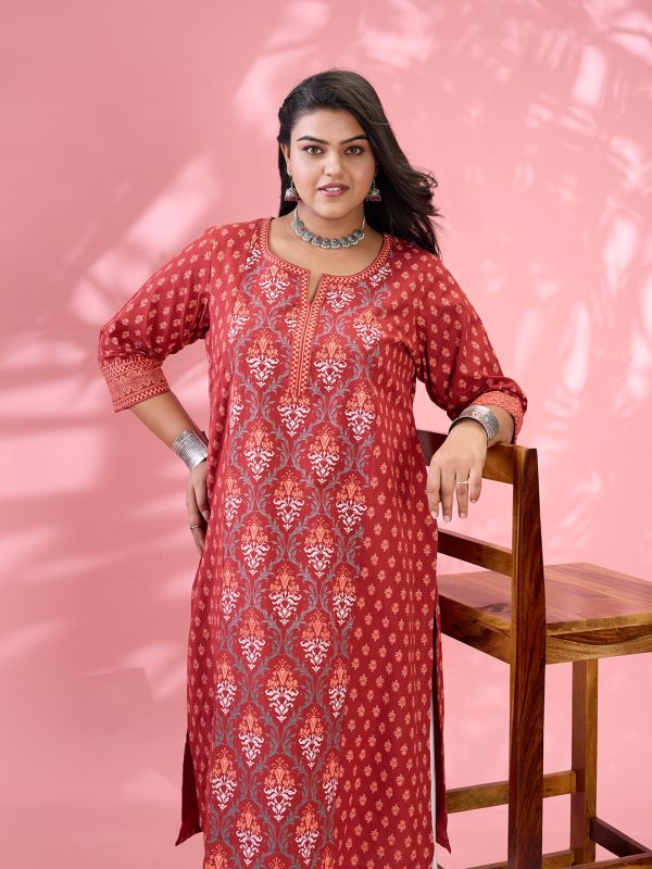 Globus Gloplus Women Maroon Round Neck Ethnic & Floral Print Panelled Straight Plus Size Kurta