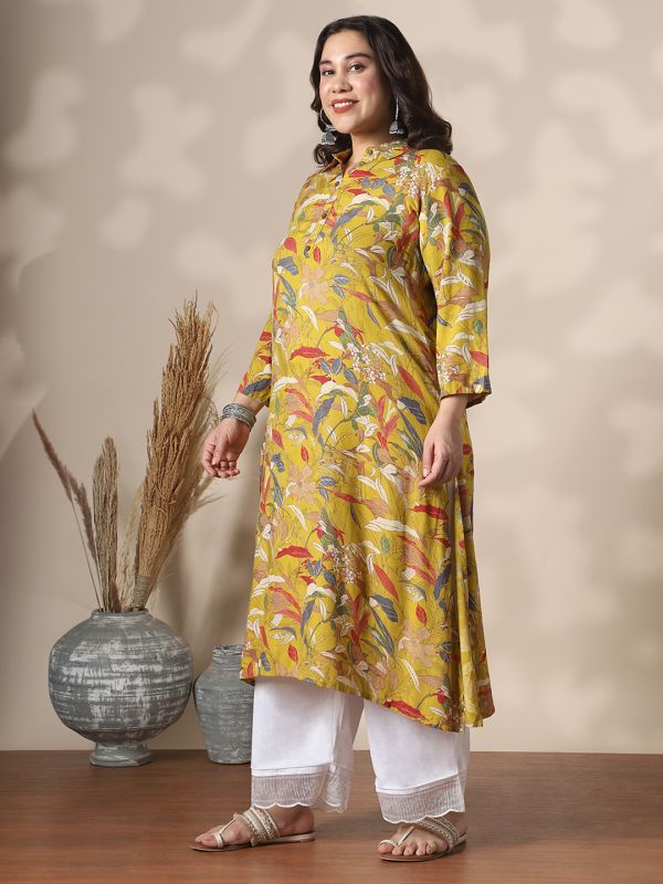 Globus Gloplus Women Yellow Shirt Collar Gold Foil Floral Print Button Detail Straight Plus Size Kurta