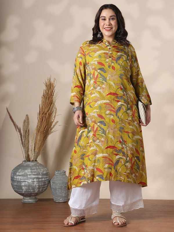 Globus Gloplus Women Yellow Shirt Collar Gold Foil Floral Print Button Detail Straight Plus Size Kurta