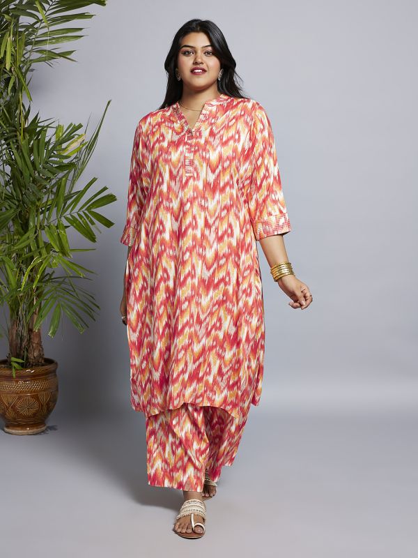 Globus Gloplus Women Red Mandarin Neck Chevron Print Zari Detail Straight Plus Size Kurta & Wide Leg Pants Workwear Set