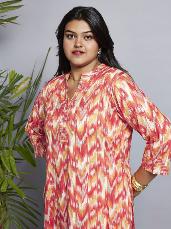 Globus Gloplus Women Red Mandarin Neck Chevron Print Zari Detail Straight Plus Size Kurta & Wide Leg Pants Workwear Set