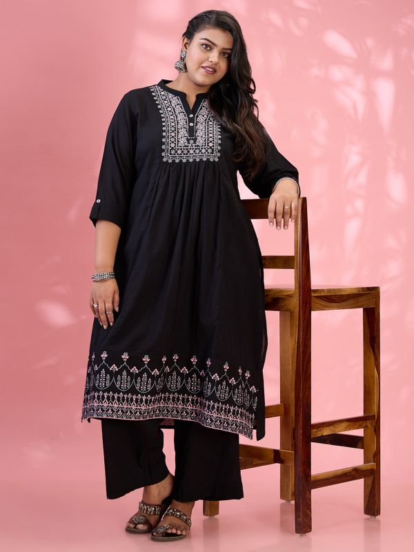 Globus Gloplus Women Black Embroidered Yoke Mandarin Collar Roll Up Sleeves Pleated Plus Size A-Line Kurta With Pants Set