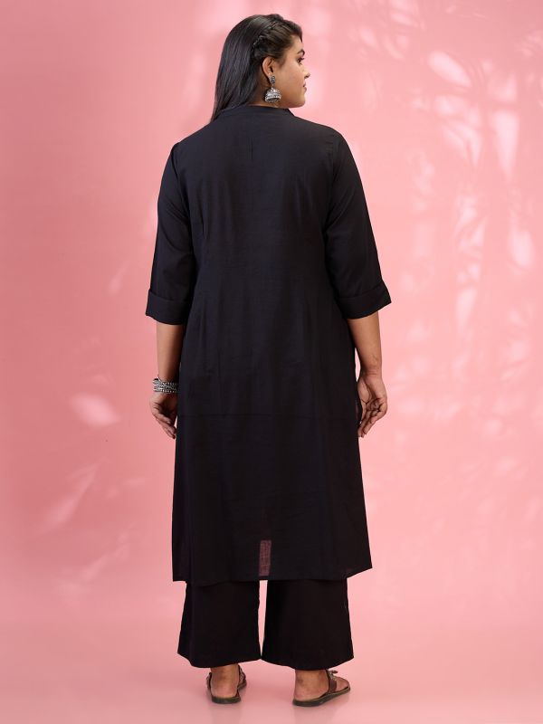 Globus Gloplus Women Black Embroidered Yoke Mandarin Collar Roll Up Sleeves Pleated Plus Size A-Line Kurta With Pants Set