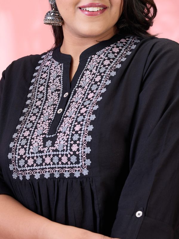 Globus Gloplus Women Black Embroidered Yoke Mandarin Collar Roll Up Sleeves Pleated Plus Size A-Line Kurta With Pants Set