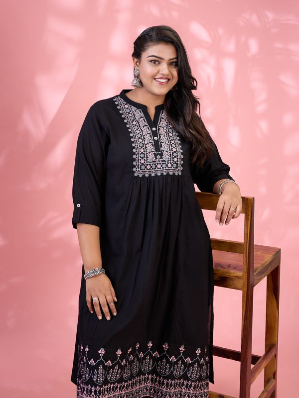 Globus Gloplus Women Black Embroidered Yoke Mandarin Collar Roll Up Sleeves Pleated Plus Size A-Line Kurta With Pants Set