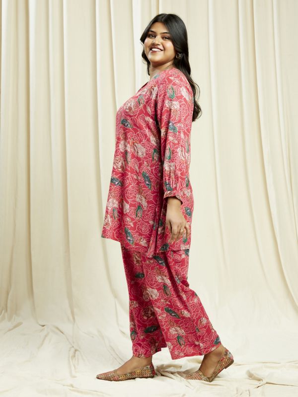 Globus Gloplus Women Pink V-Neck Floral Print Tunic With Wide Leg Trousers Plus Size Co-Ord Set
