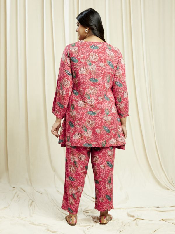 Globus Gloplus Women Pink V-Neck Floral Print Tunic With Wide Leg Trousers Plus Size Co-Ord Set