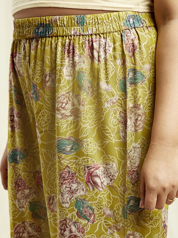Globus Gloplus Women Yellow V-Neck Floral Print Tunic With Wide Leg Trousers Plus Size Co-Ord Set