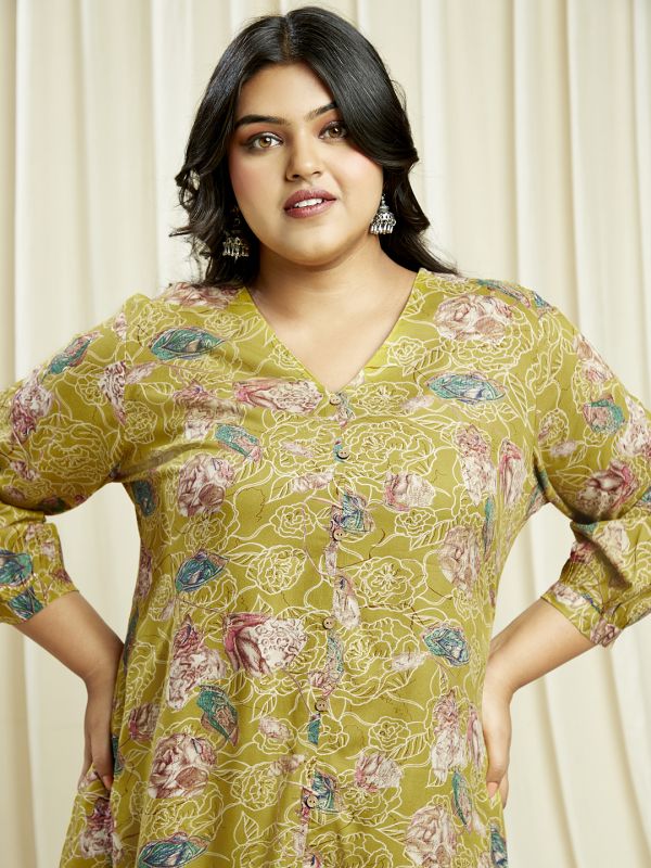 Globus Gloplus Women Yellow V-Neck Floral Print Tunic With Wide Leg Trousers Plus Size Co-Ord Set