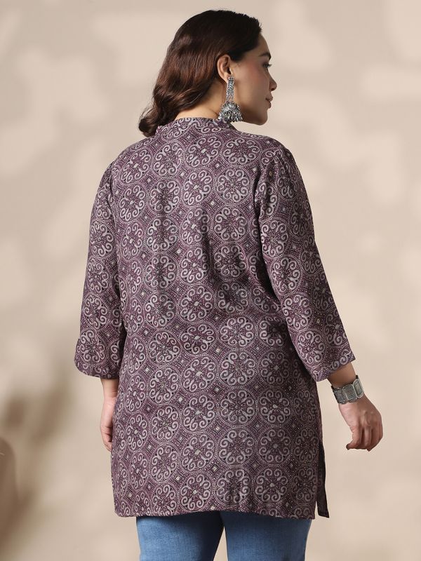 Globus Gloplus Women Brown Mandarin Collar Ethnic Print Button Detail Plus Size Tunic