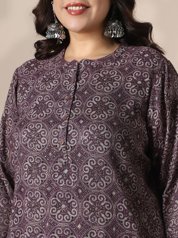 Globus Gloplus Women Brown Mandarin Collar Ethnic Print Button Detail Plus Size Tunic