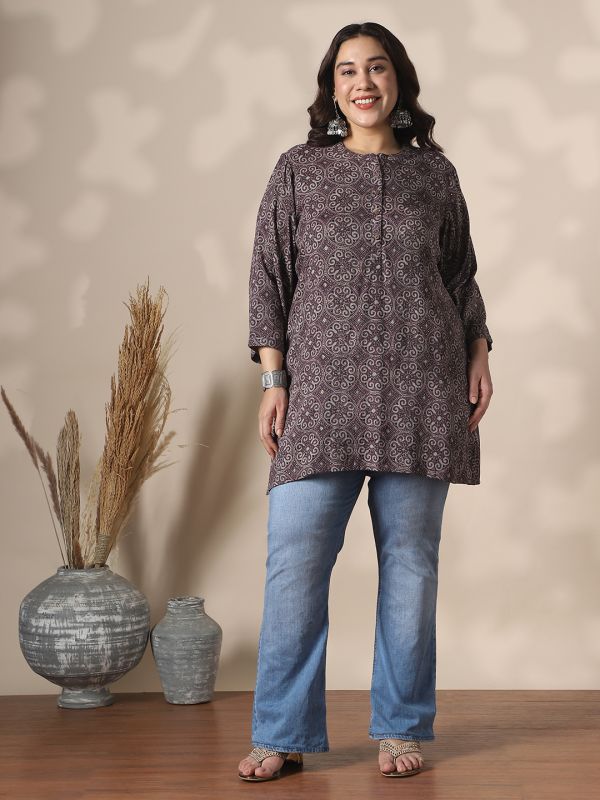 Globus Gloplus Women Brown Mandarin Collar Ethnic Print Button Detail Plus Size Tunic