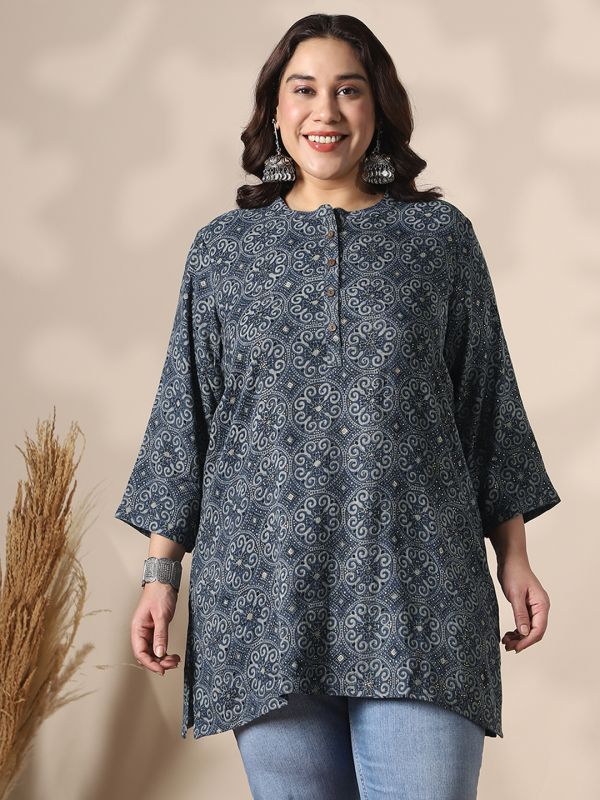 Globus Gloplus Women Blue Mandarin Collar Ethnic Print Button Detail Plus Size Tunic