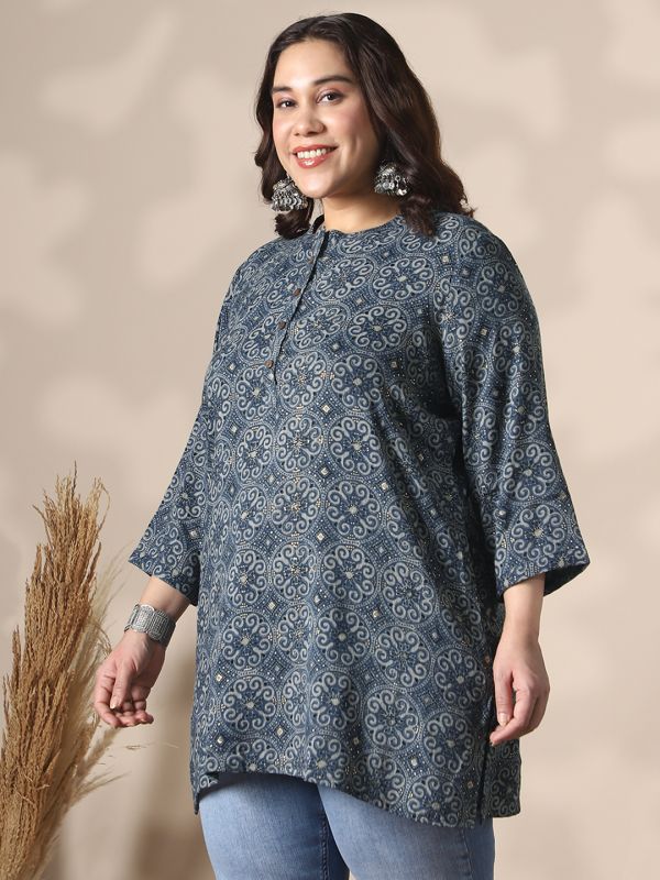 Globus Gloplus Women Blue Mandarin Collar Ethnic Print Button Detail Plus Size Tunic
