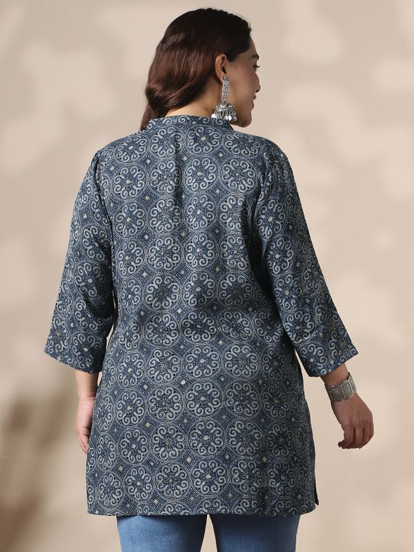 Globus Gloplus Women Blue Mandarin Collar Ethnic Print Button Detail Plus Size Tunic