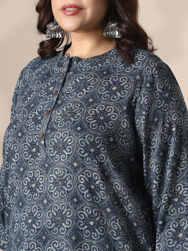 Globus Gloplus Women Blue Mandarin Collar Ethnic Print Button Detail Plus Size Tunic