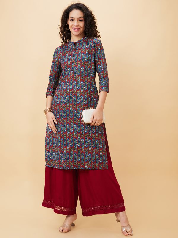 Globus Women Teal Printed Mandarin Collar Straight Kurta
