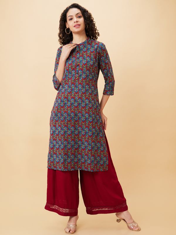 Globus Women Teal Printed Mandarin Collar Straight Kurta