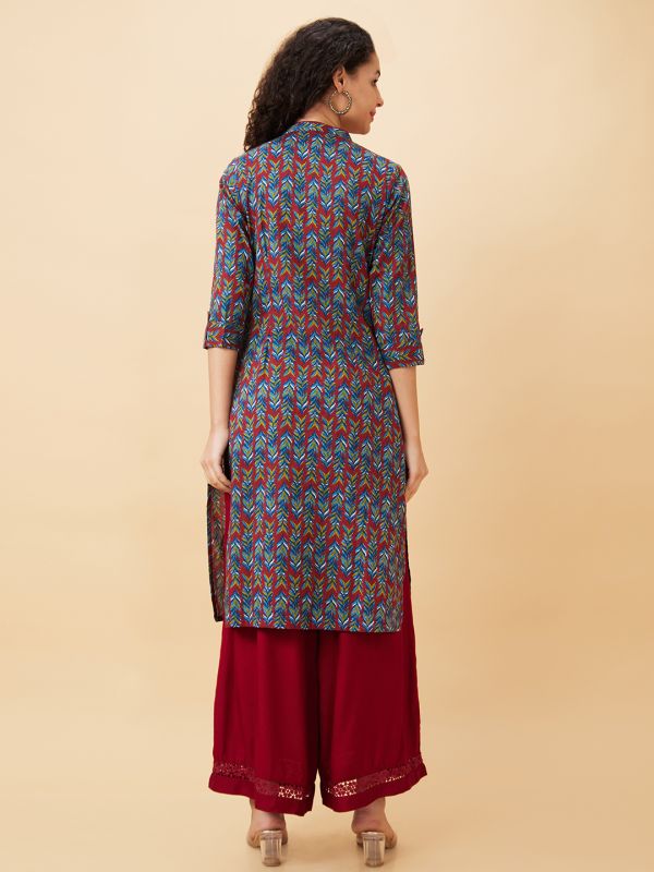 Globus Women Teal Printed Mandarin Collar Straight Kurta