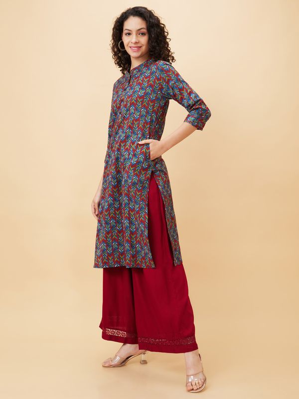 Globus Women Teal Printed Mandarin Collar Straight Kurta