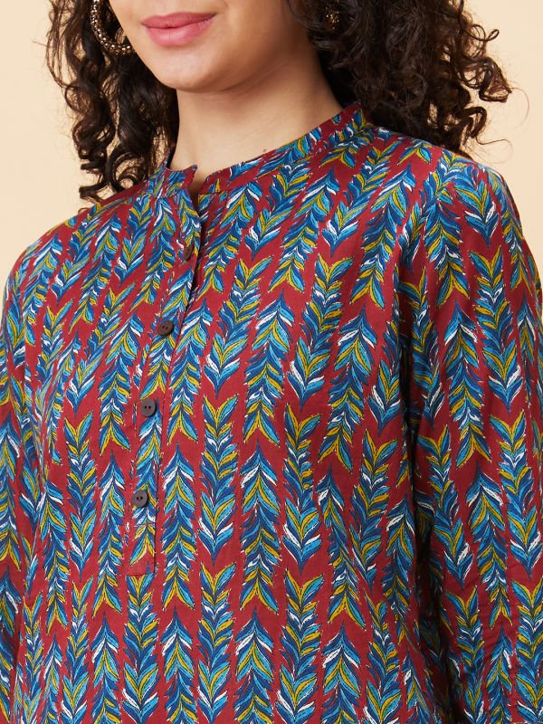 Globus Women Teal Printed Mandarin Collar Straight Kurta