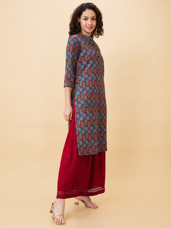 Globus Women Teal Printed Mandarin Collar Straight Kurta
