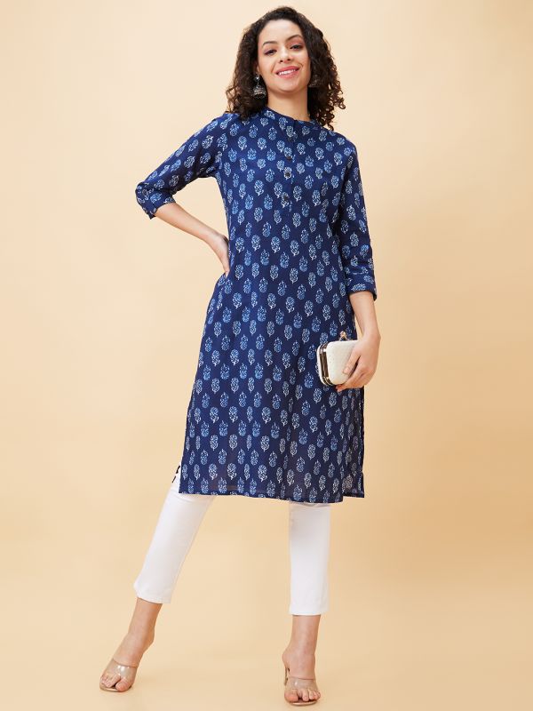 Globus Women Blue Printed Mandarin Collar Straight Kurta