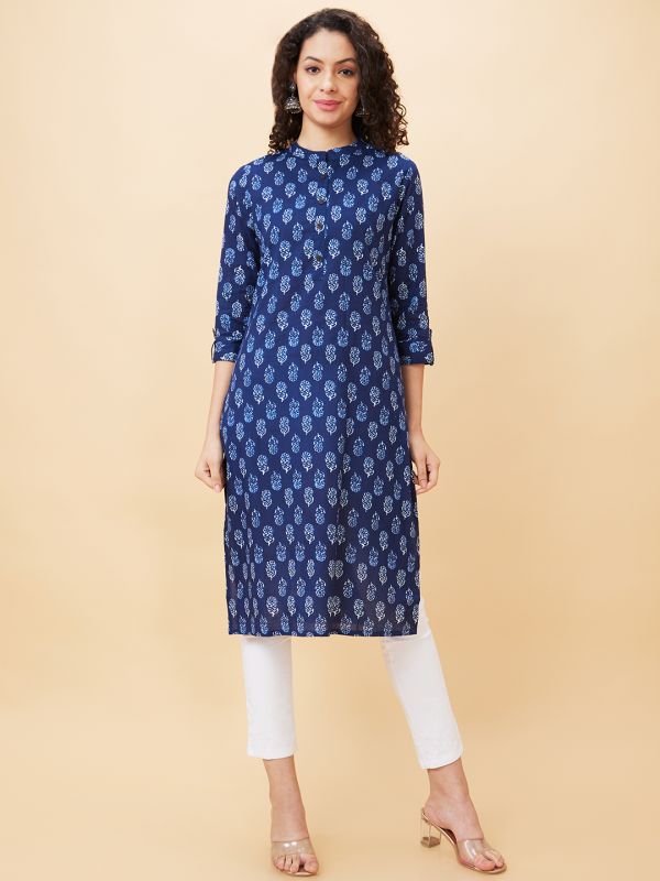 Globus Women Blue Printed Mandarin Collar Straight Kurta