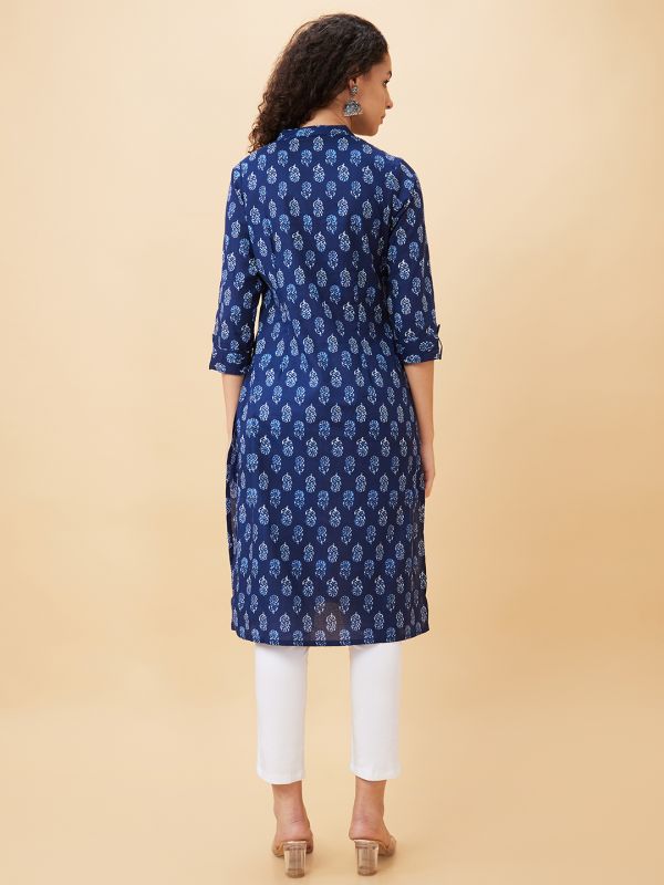 Globus Women Blue Printed Mandarin Collar Straight Kurta