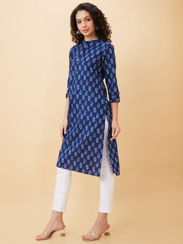 Globus Women Blue Printed Mandarin Collar Straight Kurta