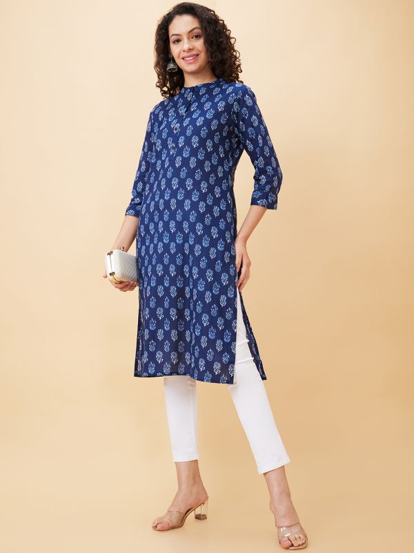 Globus Women Blue Printed Mandarin Collar Straight Kurta
