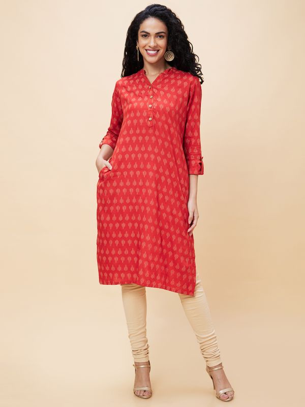 Globus Women Rust Ethnic Motifs Print Mandarin Collar Straight Kurta