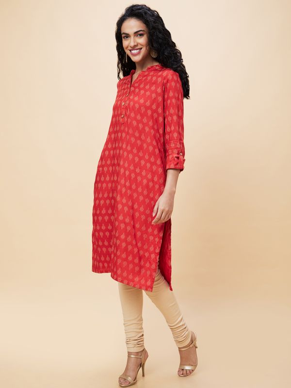 Globus Women Rust Ethnic Motifs Print Mandarin Collar Straight Kurta