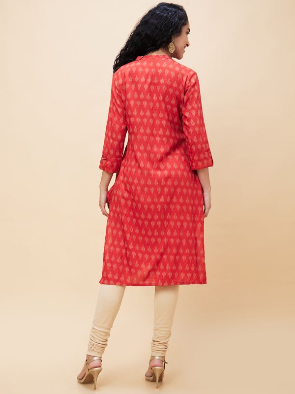 Globus Women Rust Ethnic Motifs Print Mandarin Collar Straight Kurta