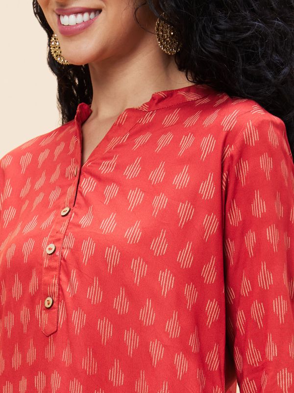 Globus Women Rust Ethnic Motifs Print Mandarin Collar Straight Kurta
