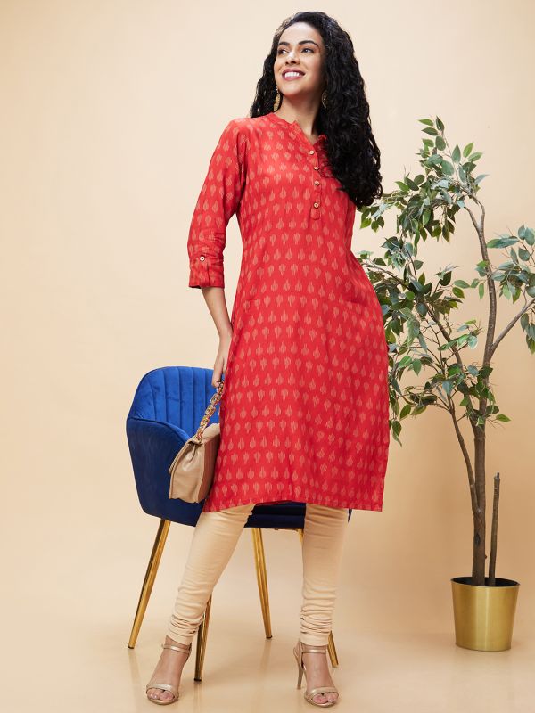 Globus Women Rust Ethnic Motifs Print Mandarin Collar Straight Kurta