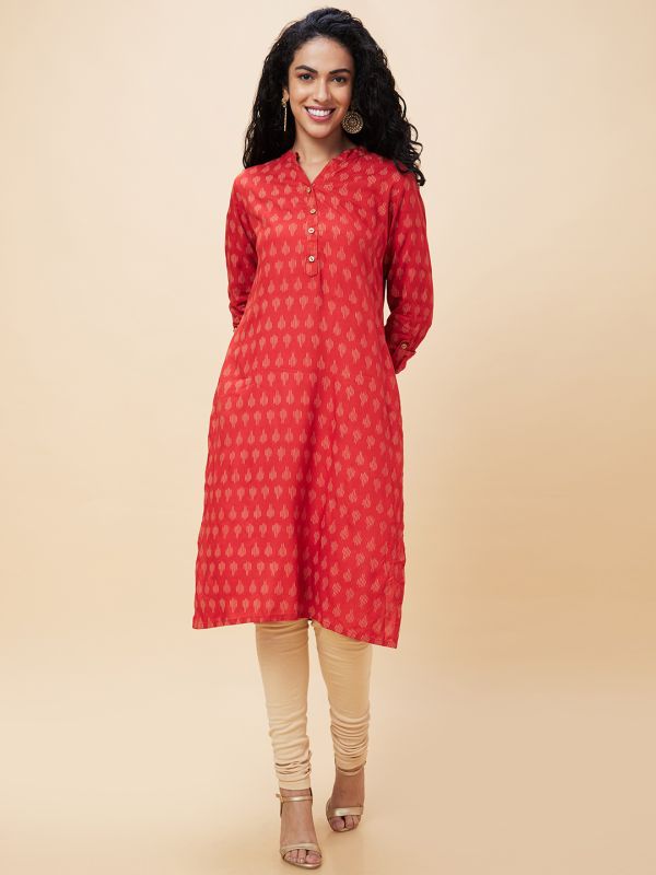 Globus Women Rust Ethnic Motifs Print Mandarin Collar Straight Kurta