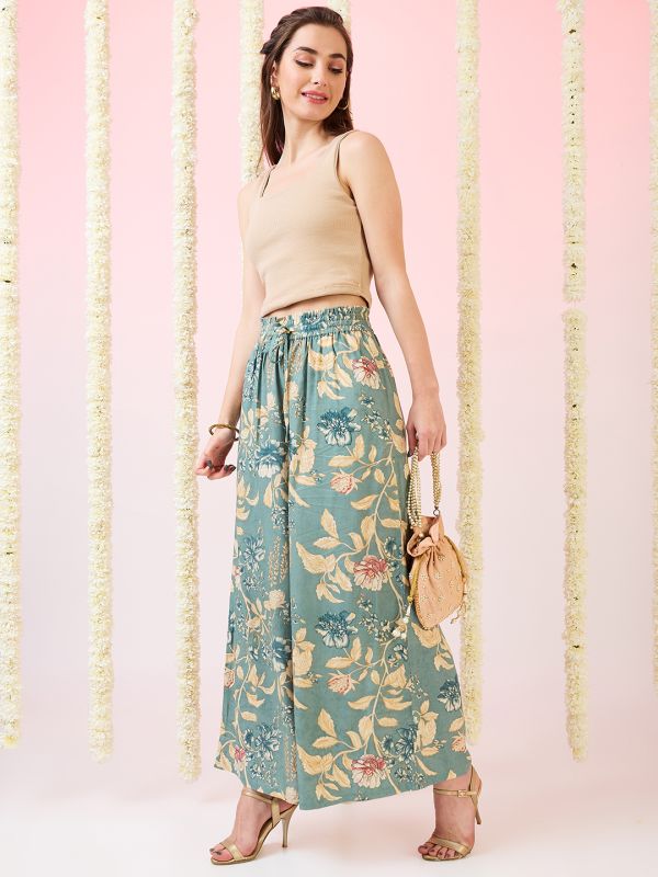 Globus Women Green Floral Print Mid-Rise Elasticated Waist Wide Leg Fusion Palazzos