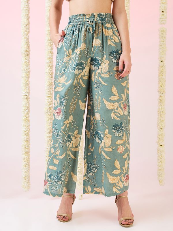 Globus Women Green Floral Print Mid-Rise Elasticated Waist Wide Leg Fusion Palazzos